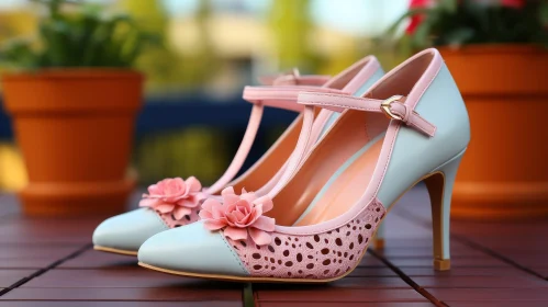 Chic Pink and Blue Floral High Heel Shoes on Wooden Table