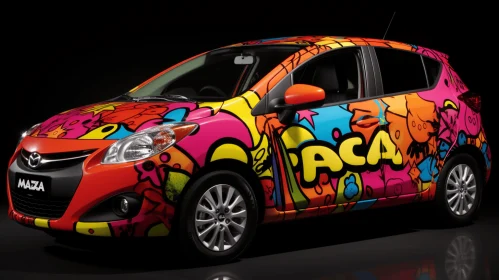 Colorful Graffiti Pop Art Minicar with Whiplash Curves and Layered Veneer Panels