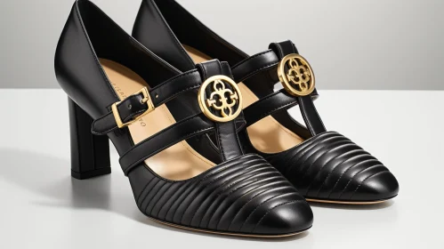 Stylish Black Leather Women's Shoes with Gold Buckles
