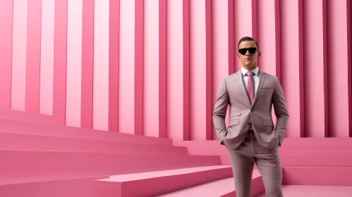 Stylish Man in Pink Suit and Sunglasses in Monochromatic Room