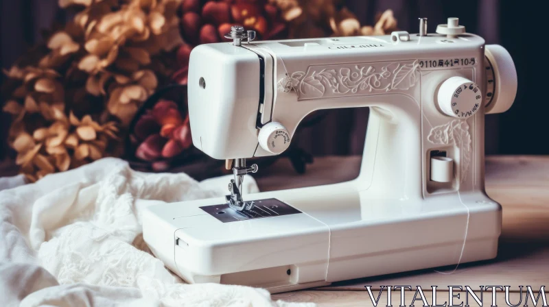 AI ART White Vintage Sewing Machine on Wooden Table