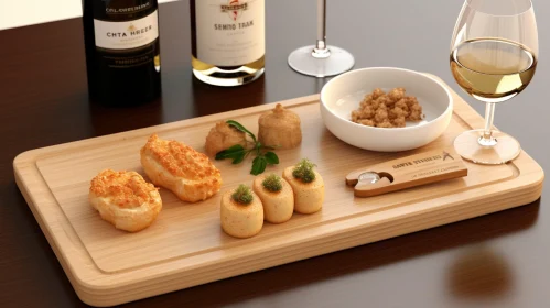 Wooden Cutting Board with Wine Glasses and Food