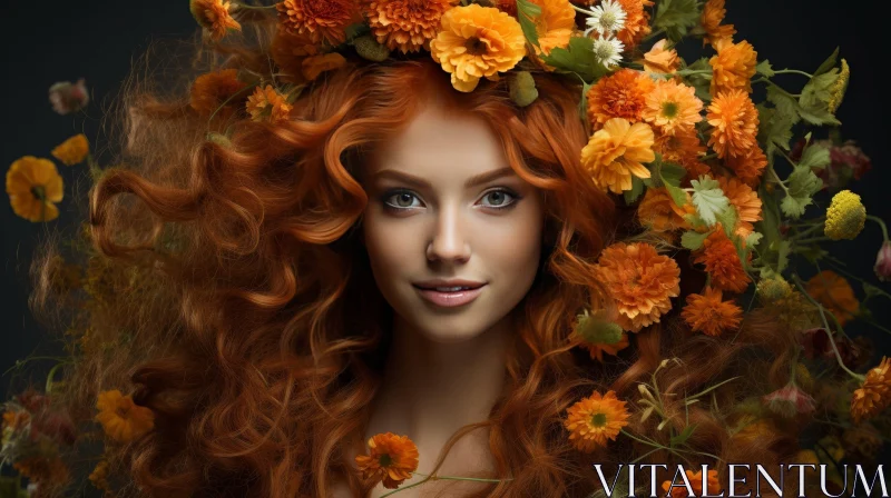 Young Woman Portrait with Red Hair and Orange Flowers AI Image
