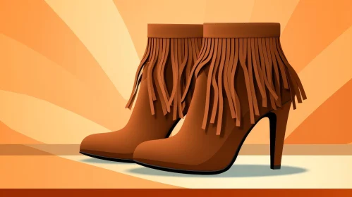Brown Leather High-Heeled Boots with Fringes on Orange Background