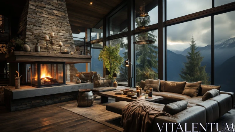 Cozy Modern Living Room with Stone Fireplace and Mountain View AI Image