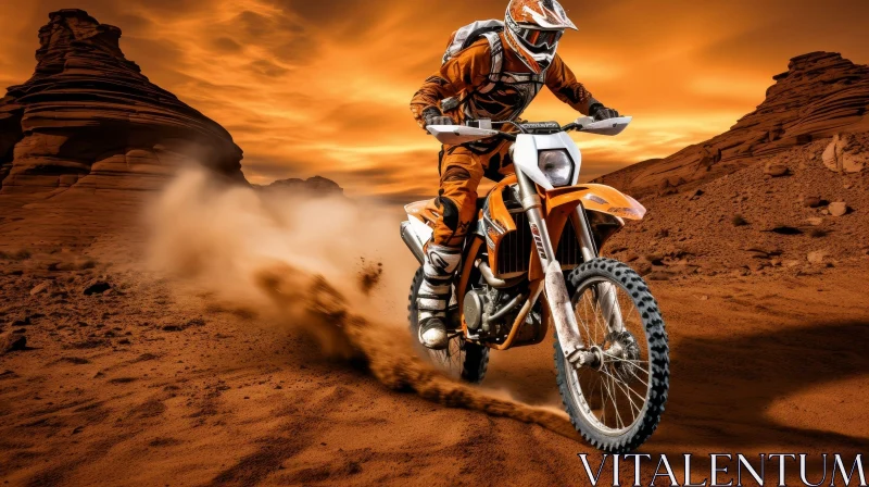 Dirt Bike Rider Racing through Sandy Desert AI Image