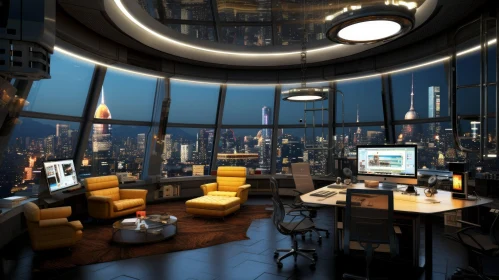 Futuristic Office Interior with Panoramic City View