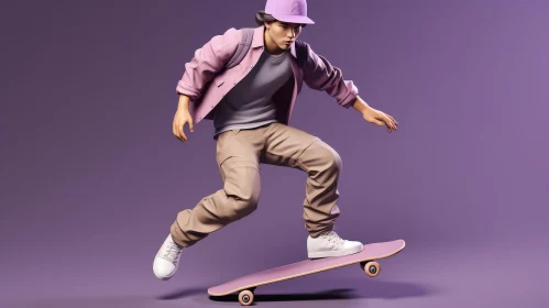 Male Skateboarder Ollie Trick on Purple Background