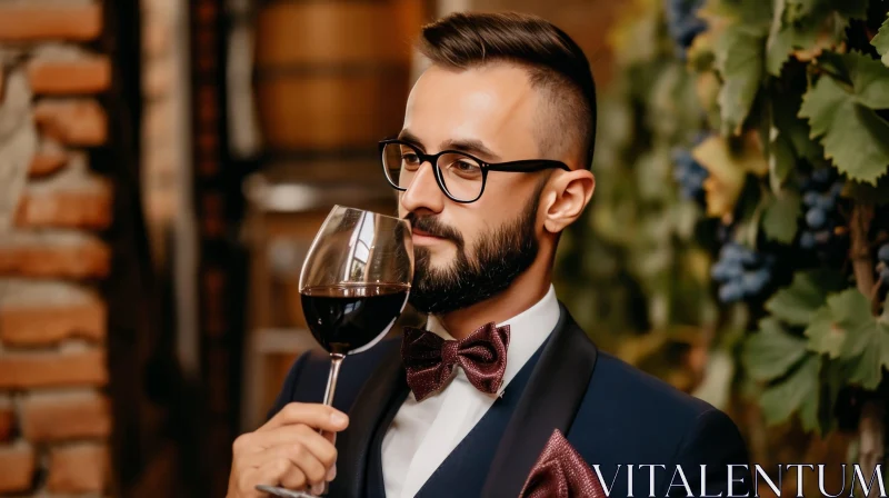Man in Suit with Glass of Red Wine in Wine Cellar AI Image