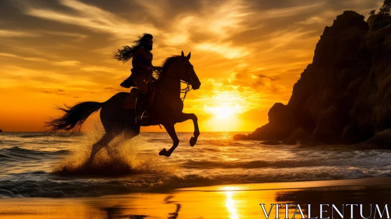 Serene Beach Sunset with Horse and Rider AI Image