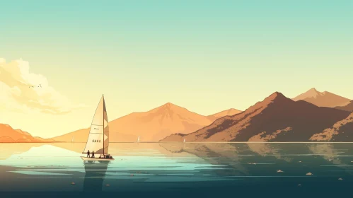 Tranquil Lake Sunset with Sailboat