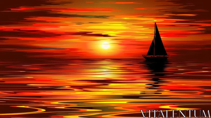 AI ART Tranquil Sunset Over Ocean - Sailboat Silhouette