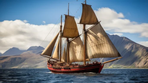 Wooden Ship Sailing on Rough Sea - Maritime Adventure Painting
