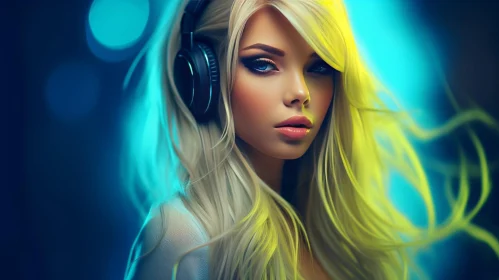Young Woman with Headphones - Blue and Yellow Lights