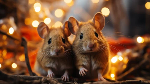 Adorable Mice on Branch with Twinkling Lights