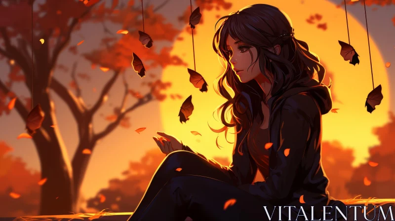 Anime Girl in Autumn Sunset with Butterfly AI Image