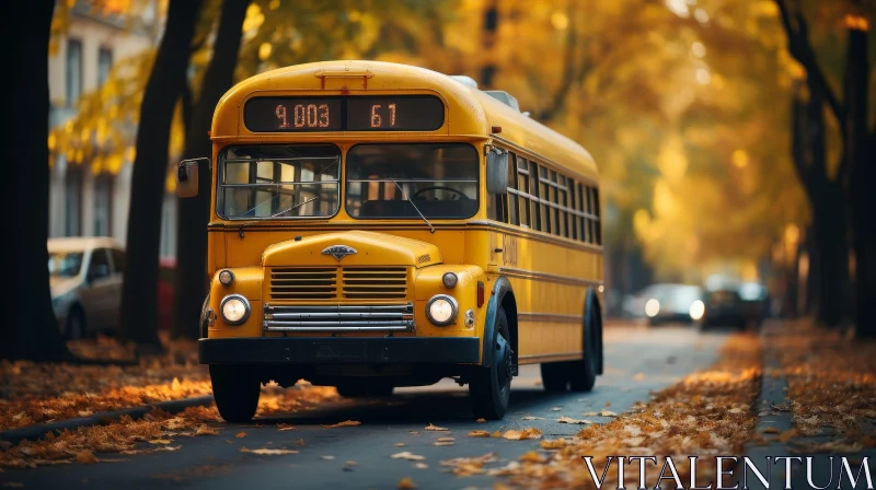 AI ART Autumn Scene: School Bus on Tree-Lined Street