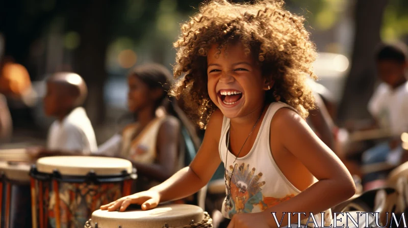 Cheerful Girl Playing Djembe with Children | Street Music Scene AI Image