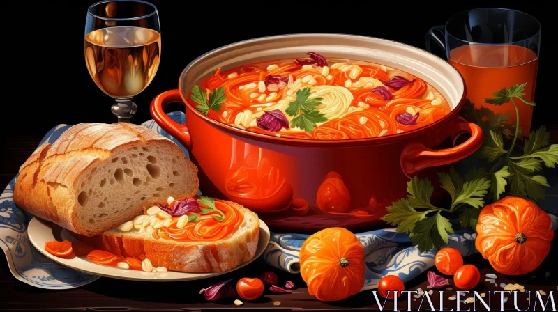 AI ART Delicious Still Life: Soup, Wine, Bread