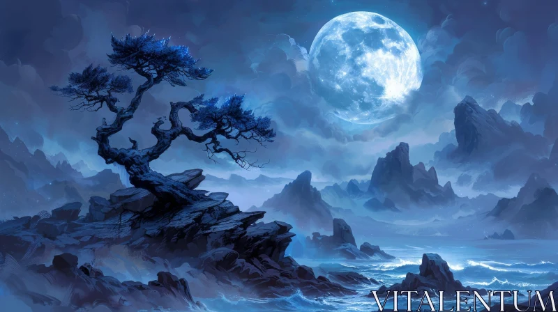 Enchanting Moonlit Landscape Painting AI Image