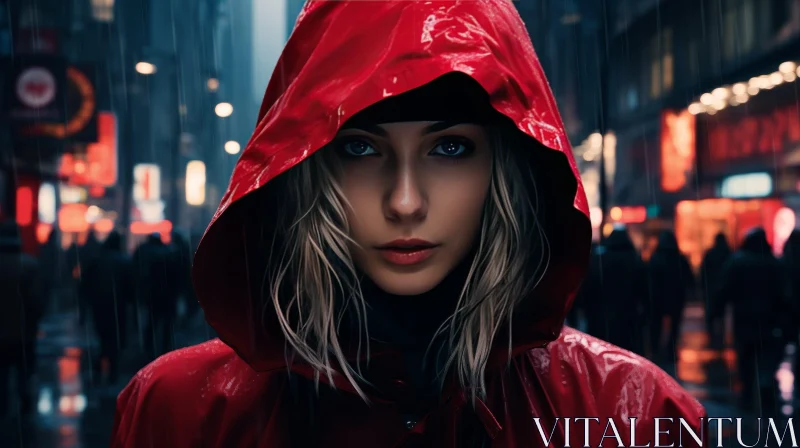 AI ART Enigmatic Woman in Red Raincoat - Urban Mystery Portrait