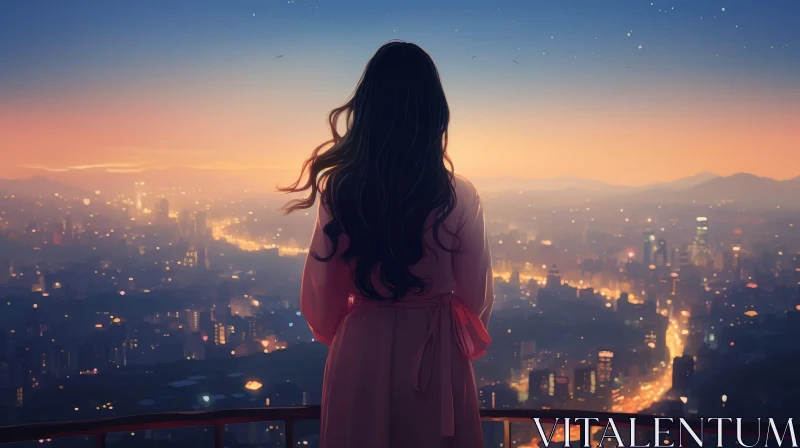 Girl in Pink Dress on Rooftop Overlooking City AI Image