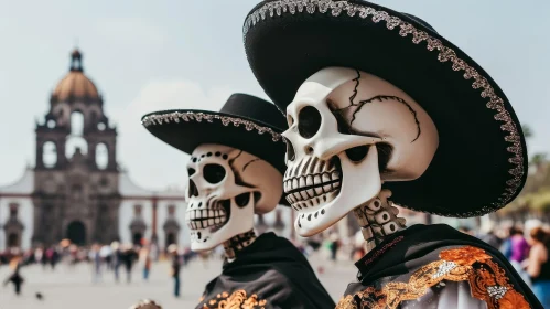Mexican Skeletons in Plaza: Traditional Sombreros
