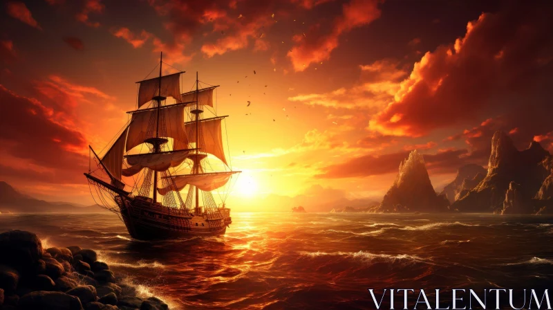Sailing Ship at Sea Painting - Sunset View AI Image