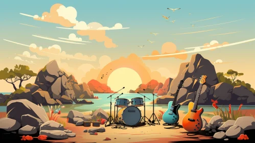 Tranquil Sunset Beach with Drum Set and Guitar