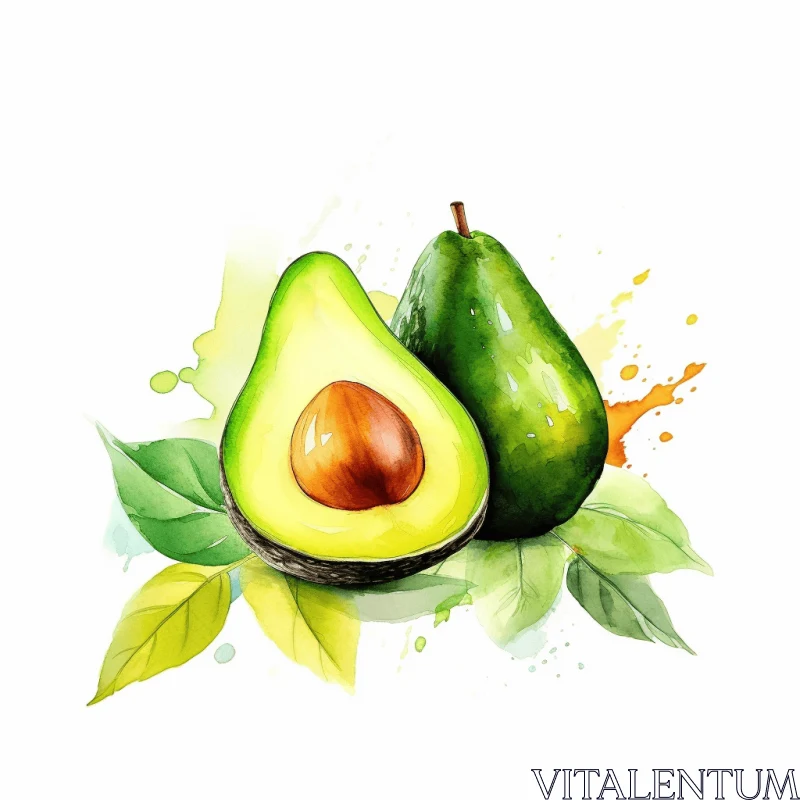 AI ART Watercolor Avocado Illustration with Leaves | Collage Elements