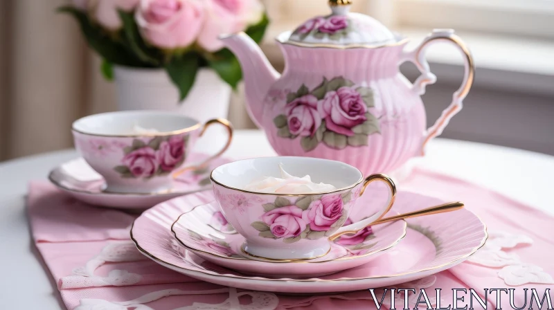 AI ART Charming Pink and White Porcelain Teapot with Teacups