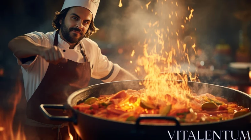 Cooking Chef Making Paella Over Fire AI Image