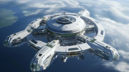 Futuristic Spaceship Orbiting Earth