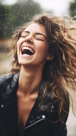 Laughing Woman in Rain with Curly Hair