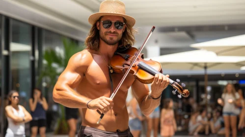 Man Playing Violin in Public Place