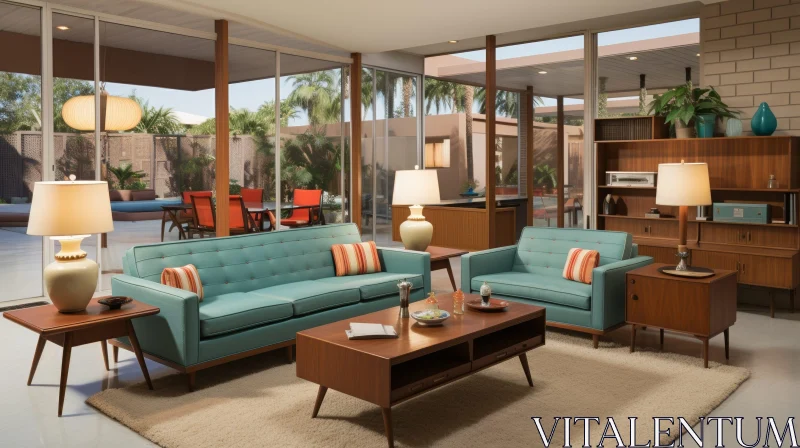 Modern Living Room with Glass Window and Pool View AI Image