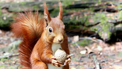 Red Squirrel Holding Nut on Tree Branch