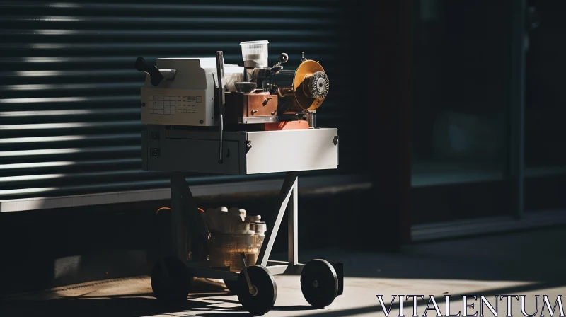 AI ART Sunlit Metal Cart and Tools by Garage Door