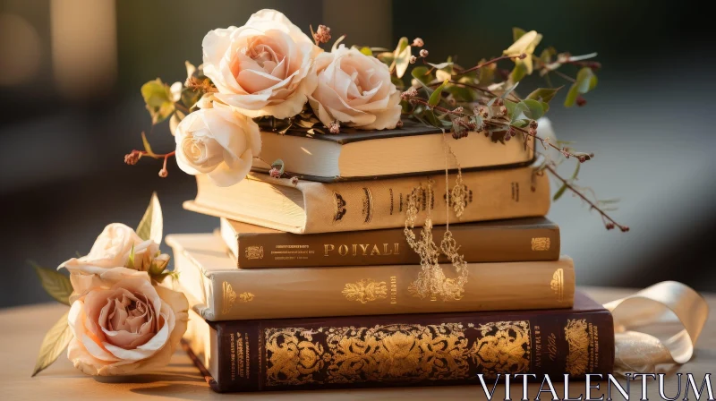 AI ART Vintage Books with Pink Rose Bouquet