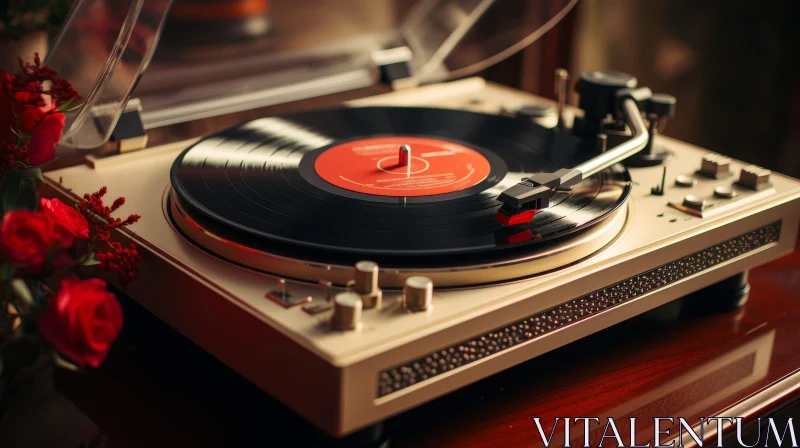 AI ART Vintage Turntable with Red Record on Wooden Surface