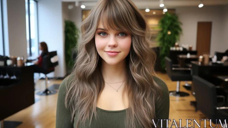 Young Woman with Wavy Hair in Green Sweater at Hair Salon AI Image