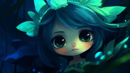 Chibi Anime Girl in Blue Forest - Digital Painting