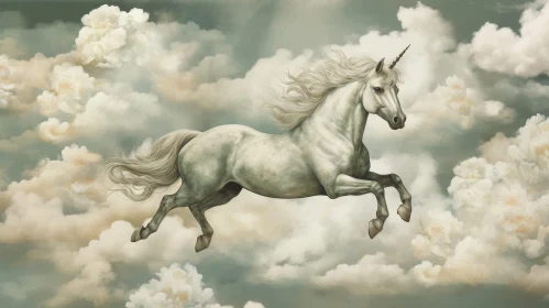 Enchanting Unicorn Leaping Through Cloudy Skies