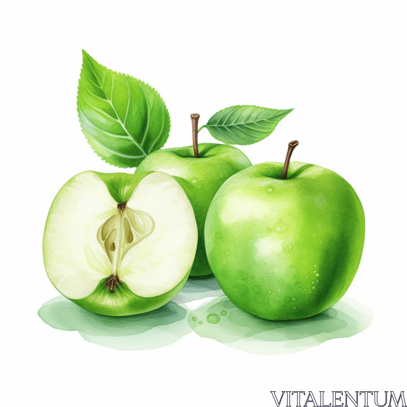 Green Apples Isolated on White | Realistic Watercolor Illustration AI Image