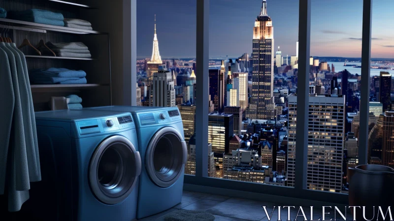 Modern Laundry Room in High-Rise Apartment | Manhattan Skyline View AI Image