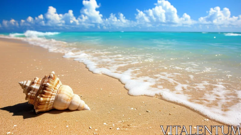 Tranquil Beach Scene with Crystal-Clear Water and Seashell AI Image