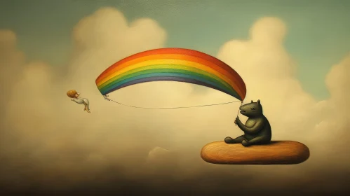 Whimsical Bear and Rainbow Surreal Painting