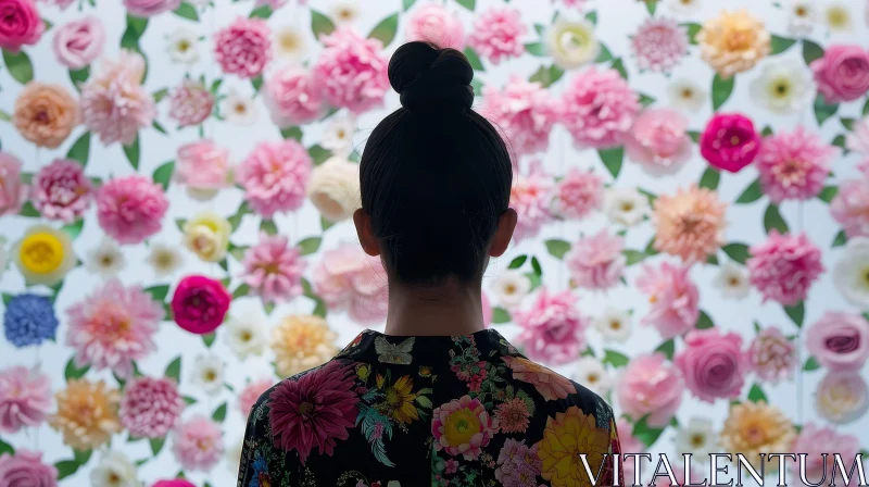AI ART Woman in Floral Shirt Standing Among Flowers