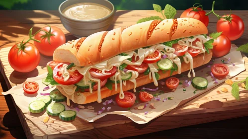 Delicious Submarine Sandwich on Cutting Board