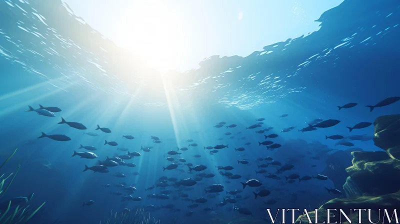 Enchanting Underwater Scene with Sunlit Fish AI Image